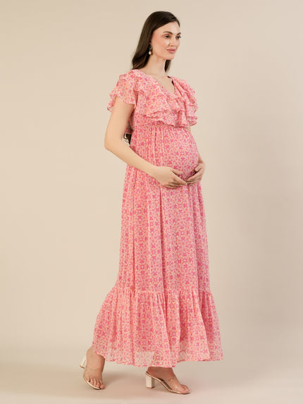 Maternity & Nursing Pink Floral Ruffle A-Line Maxi Dress