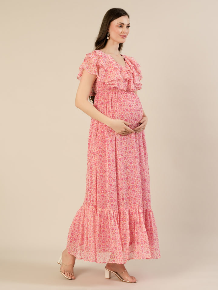 Maternity & Nursing Pink Floral Ruffle A-Line Maxi Dress
