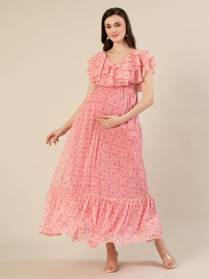 Maternity & Nursing Pink Floral Ruffle A-Line Maxi Dress