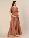 Maternity & Nursing Brown Cotton Crinkle Kaftan Maxi Dress