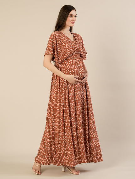 Maternity & Nursing Brown Cotton Crinkle Kaftan Maxi Dress
