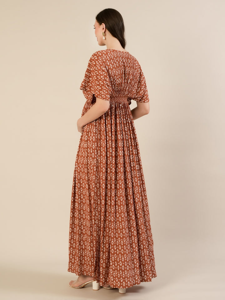 Maternity & Nursing Brown Cotton Crinkle Kaftan Maxi Dress