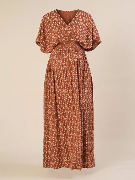 Maternity & Nursing Brown Cotton Crinkle Kaftan Maxi Dress