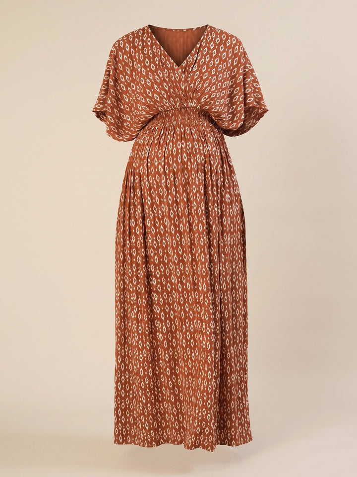 Maternity & Nursing Brown Cotton Crinkle Kaftan Maxi Dress