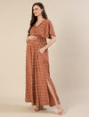 Maternity & Nursing Brown Cotton Crinkle Kaftan Maxi Dress