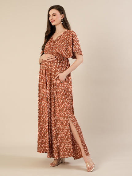Maternity & Nursing Brown Cotton Crinkle Kaftan Maxi Dress