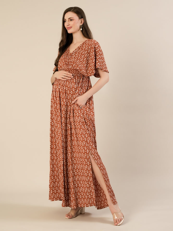 Maternity & Nursing Brown Cotton Crinkle Kaftan Maxi Dress
