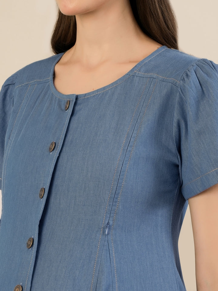 Maternity & Nursing Blue Denim Button-Front Midi Dress