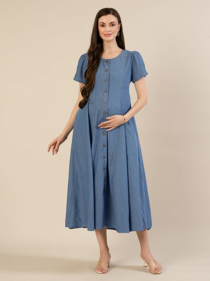 Maternity & Nursing Blue Denim Button-Front Midi Dress