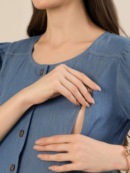 Maternity & Nursing Blue Denim Button-Front Midi Dress