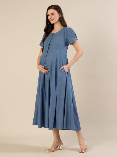 Maternity & Nursing Blue Denim Button-Front Midi Dress