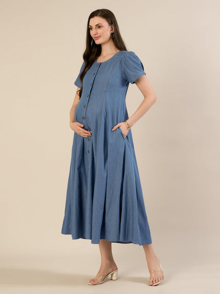 Maternity & Nursing Blue Denim Button-Front Midi Dress