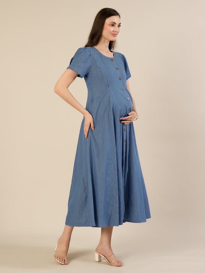 Maternity & Nursing Blue Denim Button-Front Midi Dress