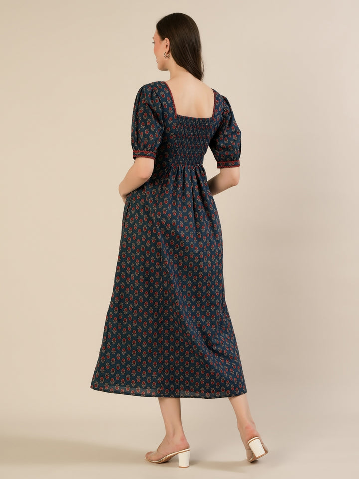 Maternity & Nursing Blue Cotton Ethnic Printed Long Dress