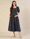 Maternity & Nursing Blue Cotton Ethnic Printed Long Dress