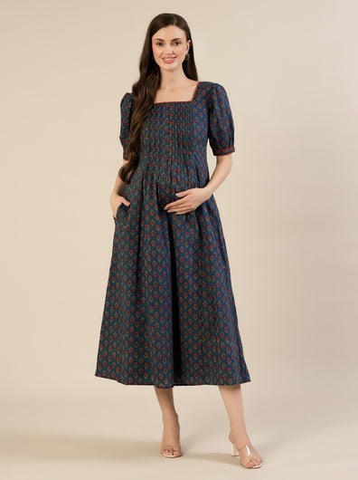 Maternity & Nursing Blue Cotton Ethnic Printed Long Dress