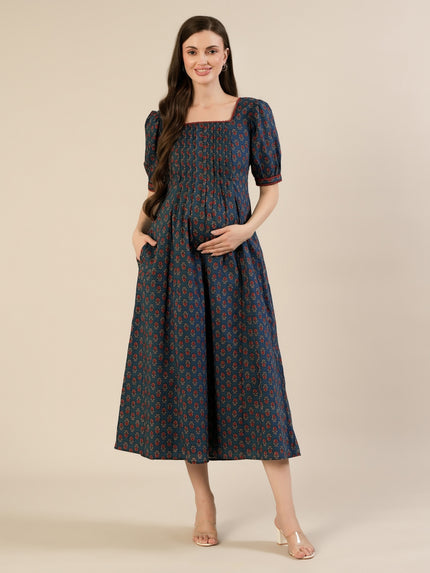 Maternity & Nursing Blue Cotton Ethnic Printed Long Dress