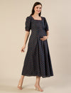 Maternity & Nursing Blue Cotton Ethnic Printed Long Dress