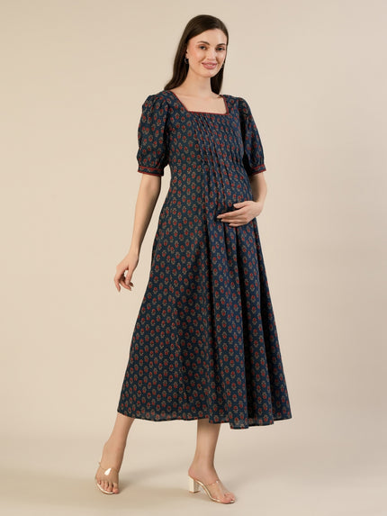 Maternity & Nursing Blue Cotton Ethnic Printed Long Dress