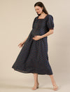 Maternity & Nursing Blue Cotton Ethnic Printed Long Dress