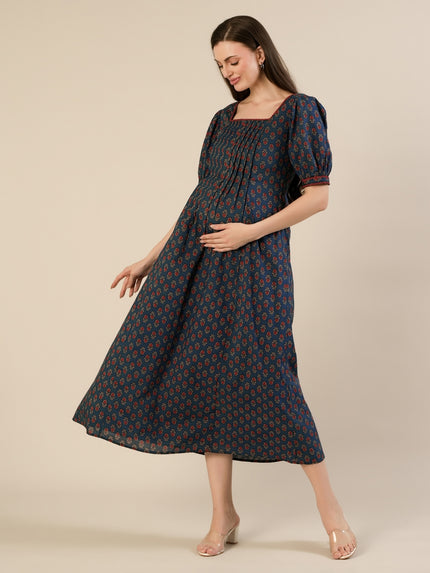 Maternity & Nursing Blue Cotton Ethnic Printed Long Dress