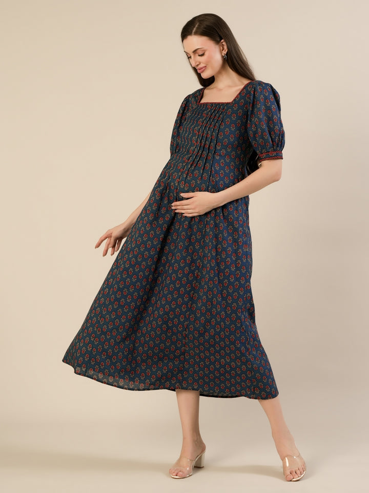 Maternity & Nursing Blue Cotton Ethnic Printed Long Dress