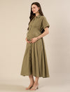Maternity & Nursing Olive Green Shirt Cotton Midi Dress
