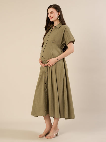Maternity & Nursing Olive Green Shirt Cotton Midi Dress