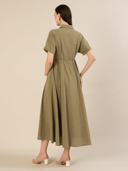 Maternity & Nursing Olive Green Shirt Cotton Midi Dress