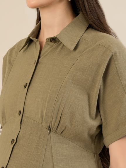 Maternity & Nursing Olive Green Shirt Cotton Midi Dress