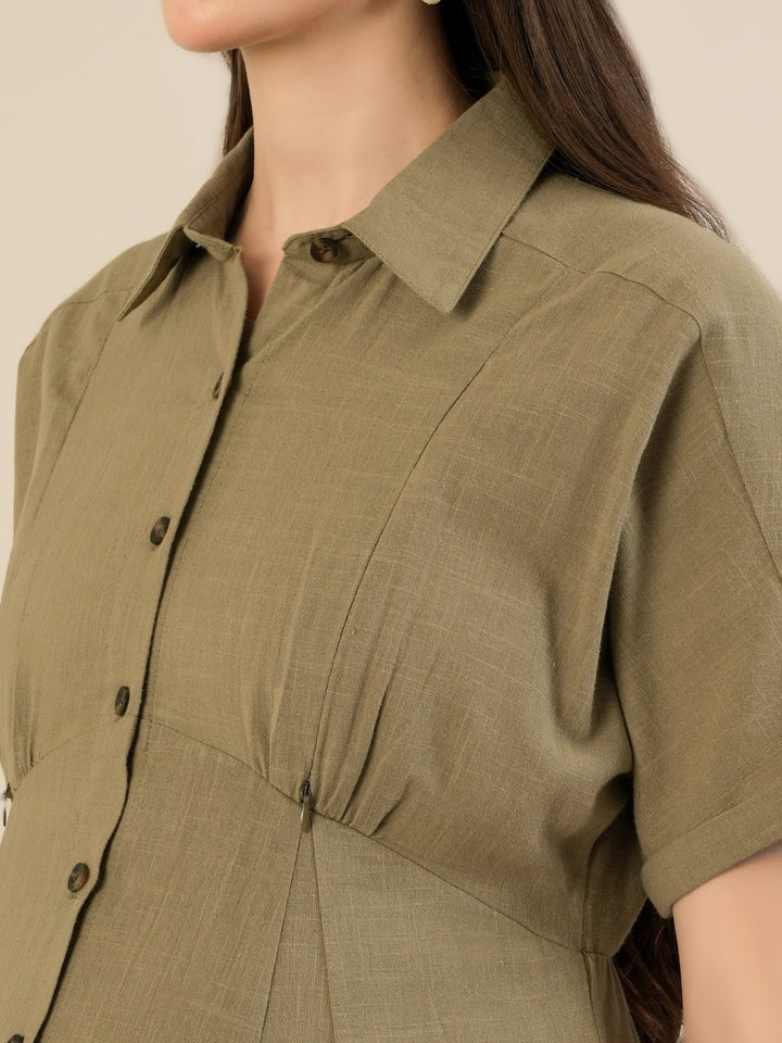 Maternity & Nursing Olive Green Shirt Cotton Midi Dress