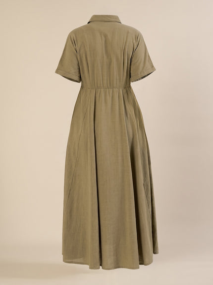 Maternity & Nursing Olive Green Shirt Cotton Midi Dress