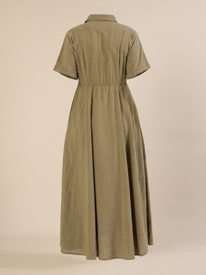 Maternity & Nursing Olive Green Shirt Cotton Midi Dress