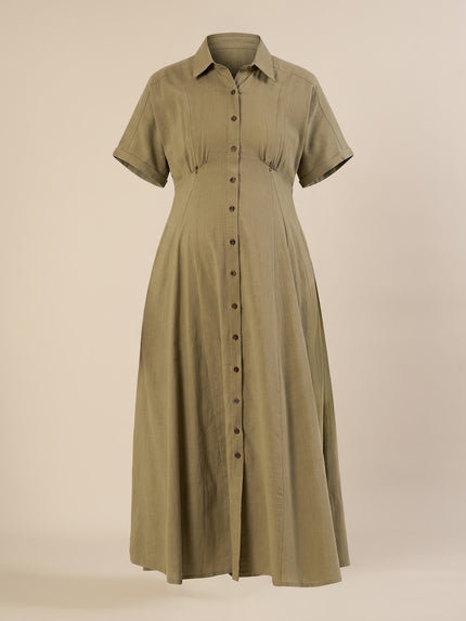 Maternity & Nursing Olive Green Shirt Cotton Midi Dress