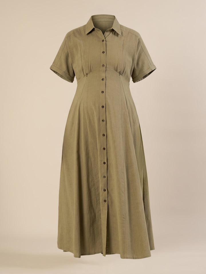 Maternity & Nursing Olive Green Shirt Cotton Midi Dress