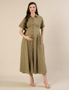 Maternity & Nursing Olive Green Shirt Cotton Midi Dress