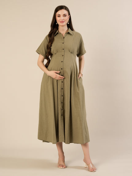 Maternity & Nursing Olive Green Shirt Cotton Midi Dress