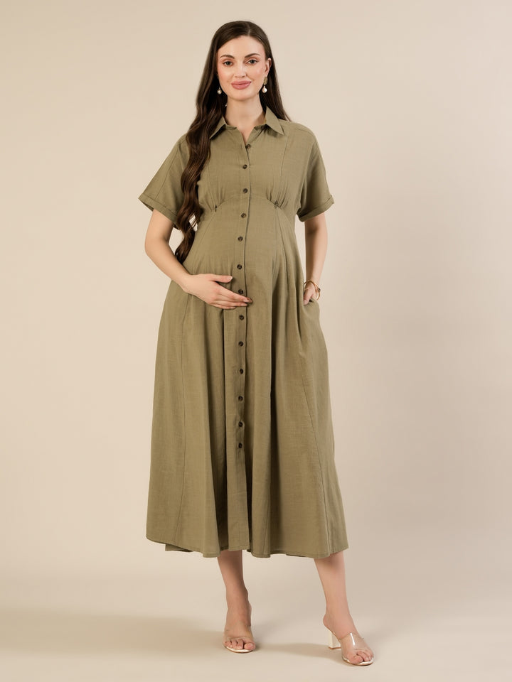 Maternity & Nursing Olive Green Shirt Cotton Midi Dress