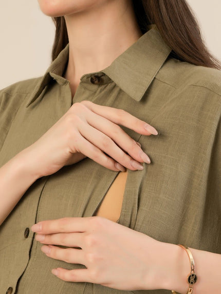 Maternity & Nursing Olive Green Shirt Cotton Midi Dress