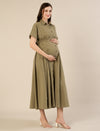 Maternity & Nursing Olive Green Shirt Cotton Midi Dress