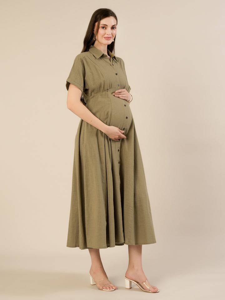 Maternity & Nursing Olive Green Shirt Cotton Midi Dress
