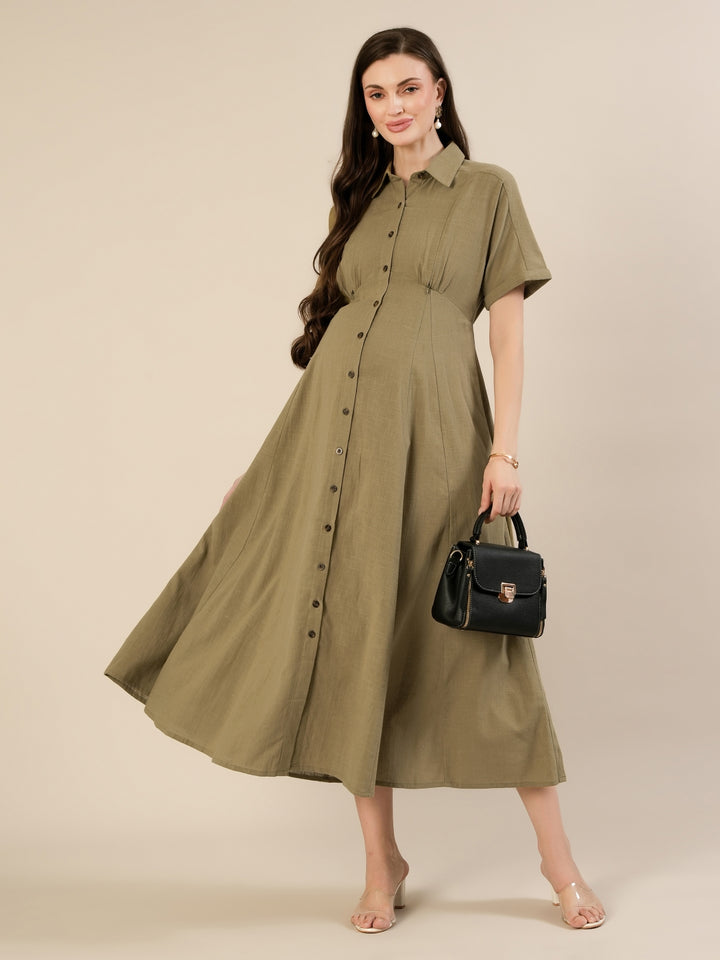 Maternity & Nursing Olive Green Shirt Cotton Midi Dress