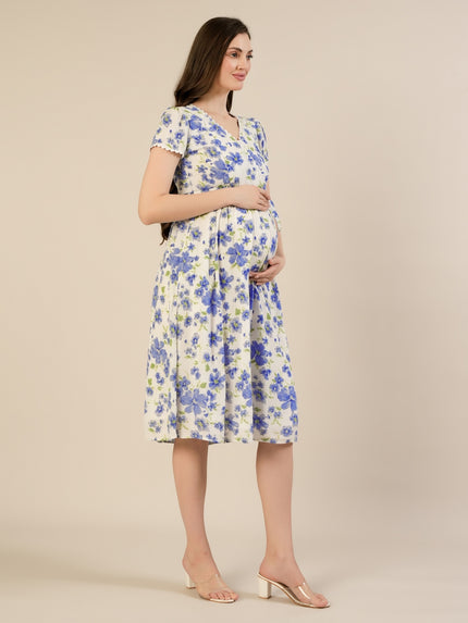 Maternity & Nursing Cotton White Blue Floral Dress