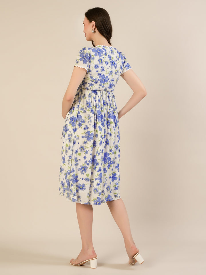 Maternity & Nursing Cotton White Blue Floral Dress