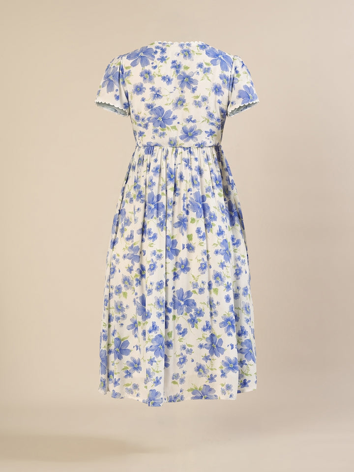 Maternity & Nursing Cotton White Blue Floral Dress