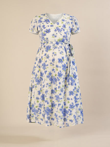 Maternity & Nursing Cotton White Blue Floral Dress