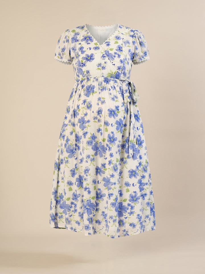 Maternity & Nursing Cotton White Blue Floral Dress