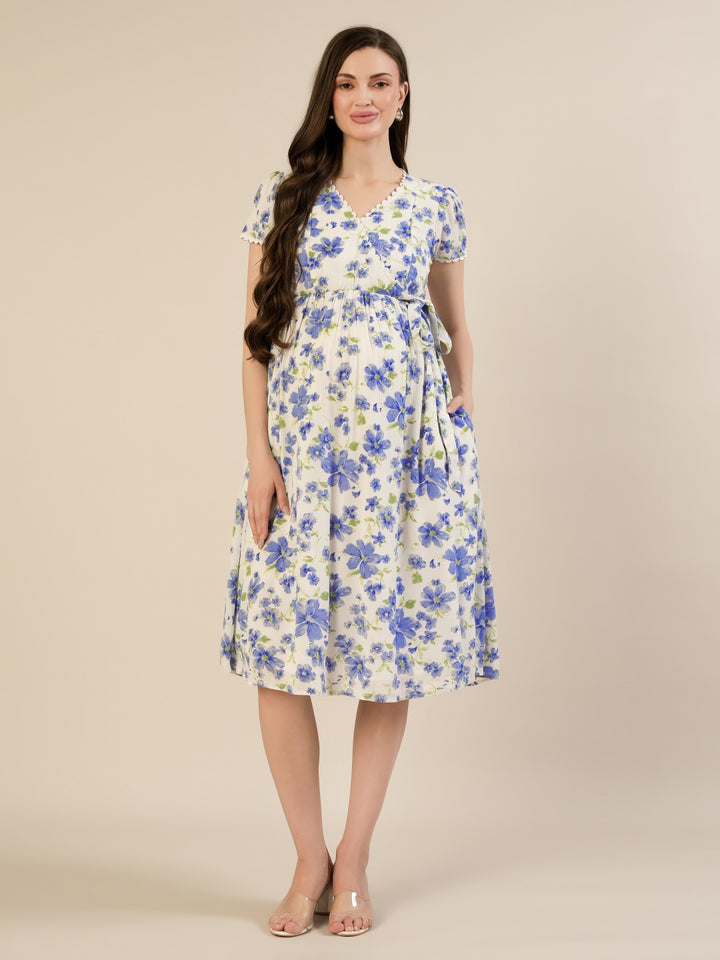 Maternity & Nursing Cotton White Blue Floral Dress