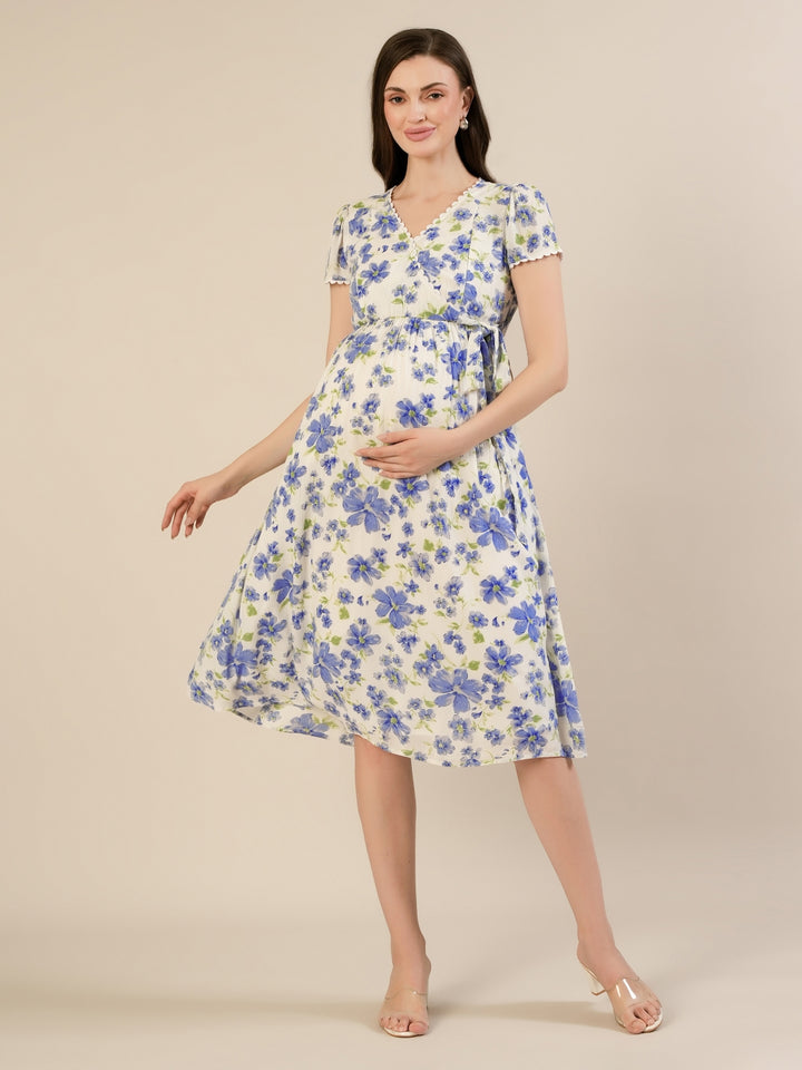 Maternity & Nursing Cotton White Blue Floral Dress