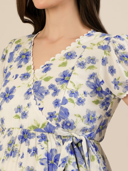Maternity & Nursing Cotton White Blue Floral Dress